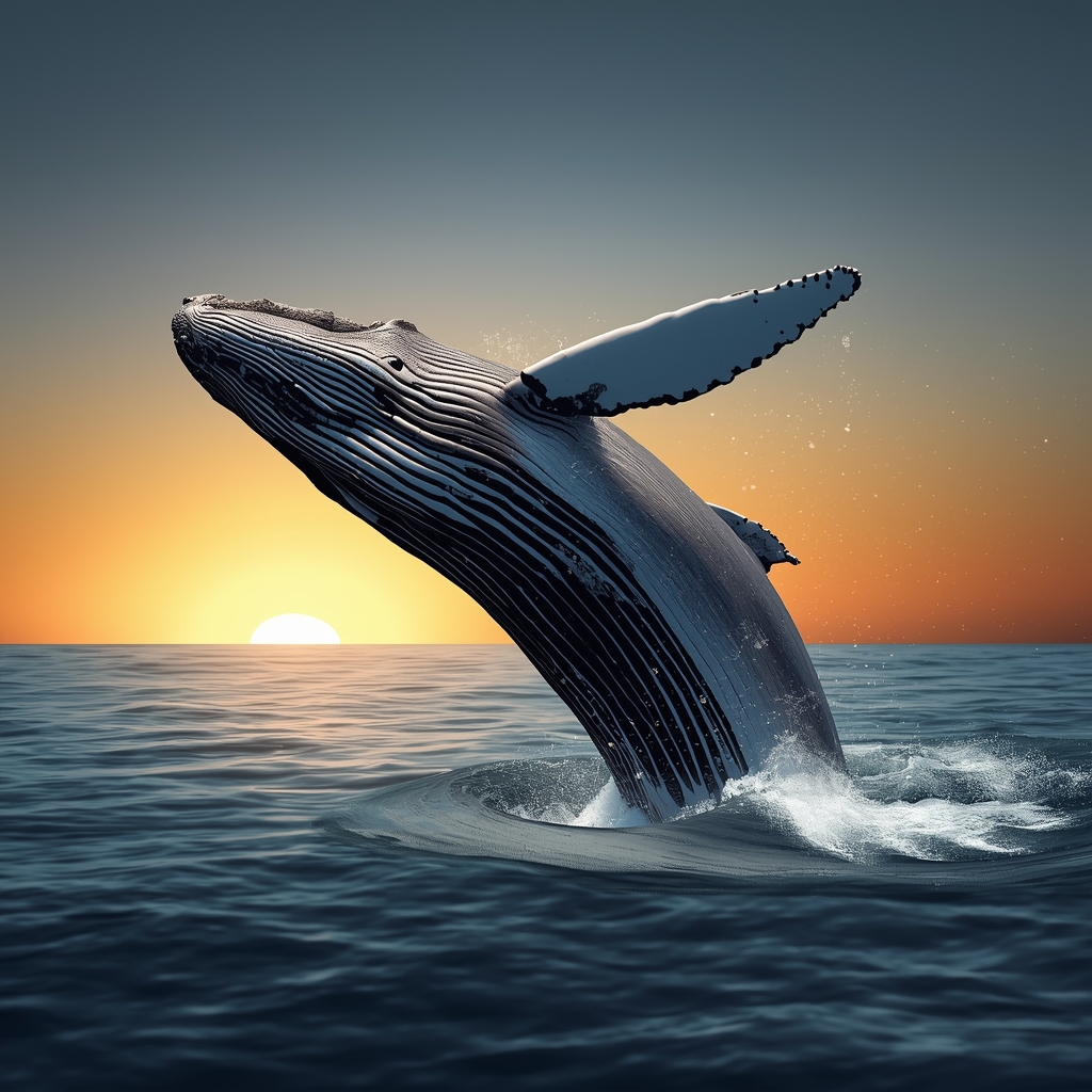 A stunning ultra-realistic photography of a majestic humpback whale breaching out of the deep blue ocean against a sunset sky, highly detailed, National Geographic style, Nano Banana2 (no woman image)